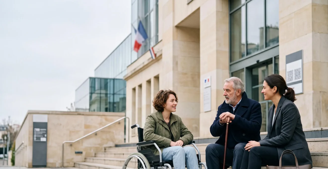 Groupe diversifié de citoyens français, dont une personne en fauteuil roulant et une personne âgée, devant un bâtiment public moderne symbolisant l'accessibilité numérique et le RGAA