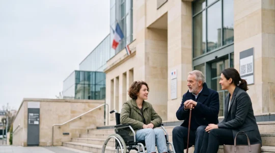 Groupe diversifié de citoyens français, dont une personne en fauteuil roulant et une personne âgée, devant un bâtiment public moderne symbolisant l'accessibilité numérique et le RGAA