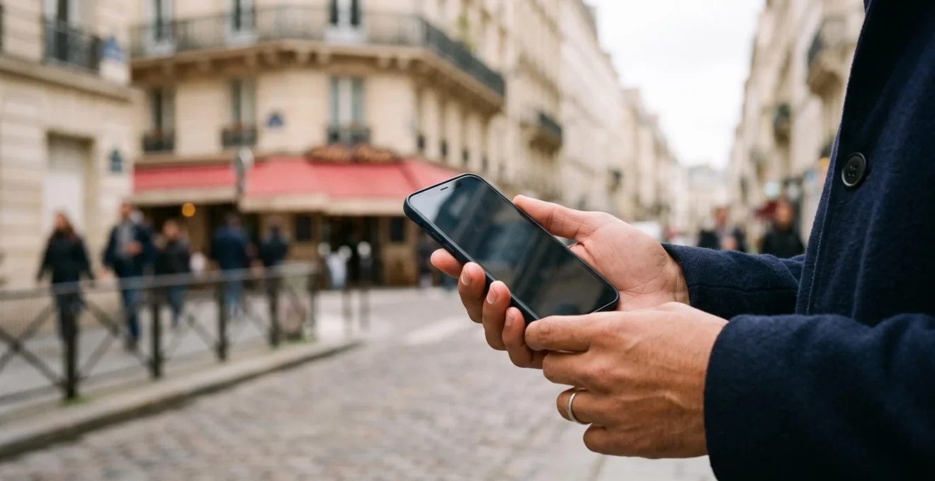 Main tenant un smartphone en exterieur dans un cadre urbain francais, symbolisant l'accessibilite universelle d'un site web