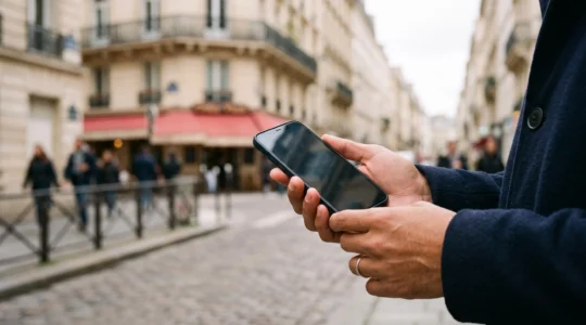 Main tenant un smartphone en exterieur dans un cadre urbain francais, symbolisant l'accessibilite universelle d'un site web