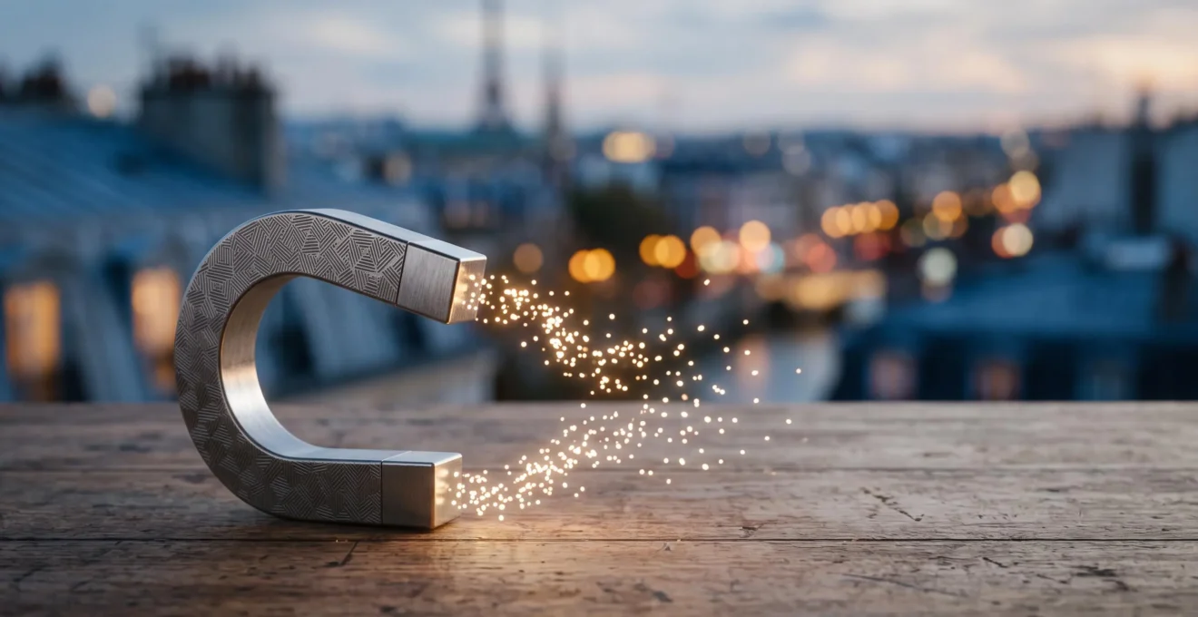 Illustration conceptuelle d'un aimant symbolique attirant des particules lumineuses, représentant la génération de leads qualifiés par l'inbound marketing en France