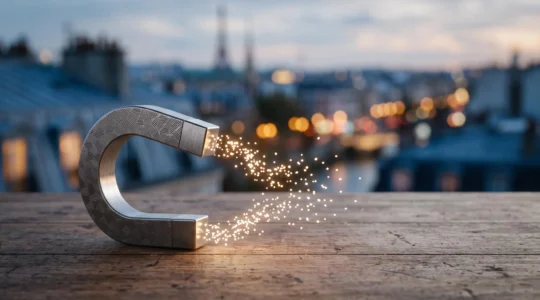 Illustration conceptuelle d'un aimant symbolique attirant des particules lumineuses, représentant la génération de leads qualifiés par l'inbound marketing en France