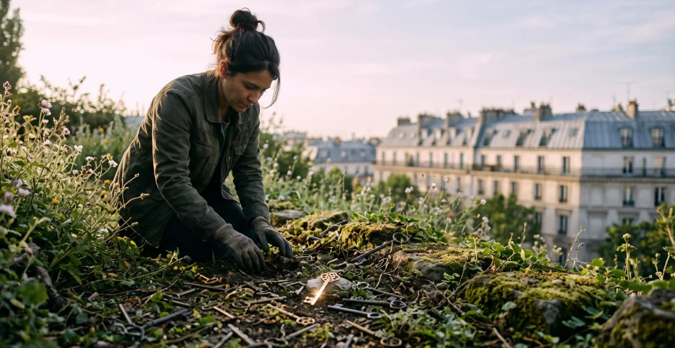 Illustration symbolique d'un explorateur découvrant des clés cachées dans un jardin, représentant la recherche de mots-clés de niche sans concurrence