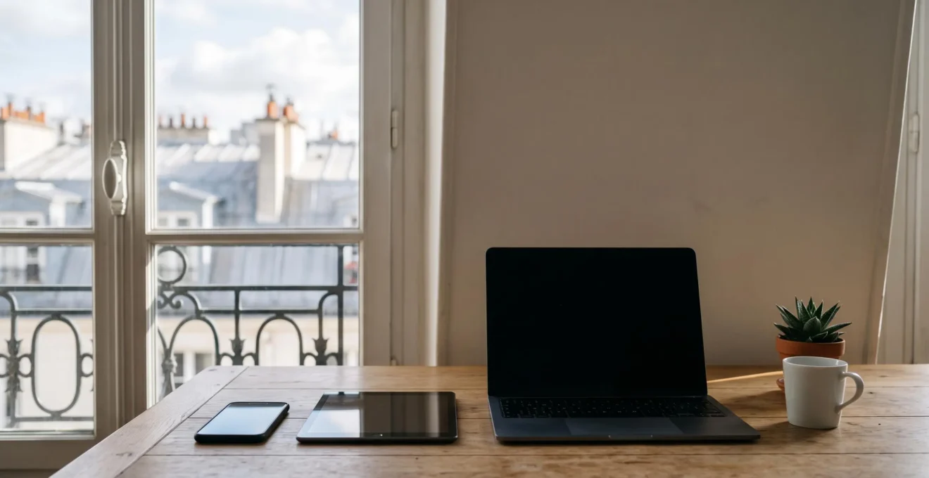 Composition éditoriale illustrant la diversité des écrans consultés en France, du smartphone à l'écran de bureau, dans une lumière naturelle et contemplative