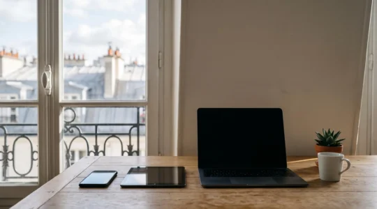 Composition éditoriale illustrant la diversité des écrans consultés en France, du smartphone à l'écran de bureau, dans une lumière naturelle et contemplative