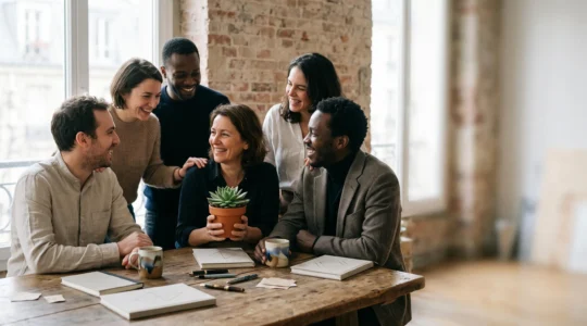 Petit groupe de personnes engagées et souriantes formant un cercle de confiance autour d'une table en bois, symbolisant une communauté fidèle et qualifiée en France