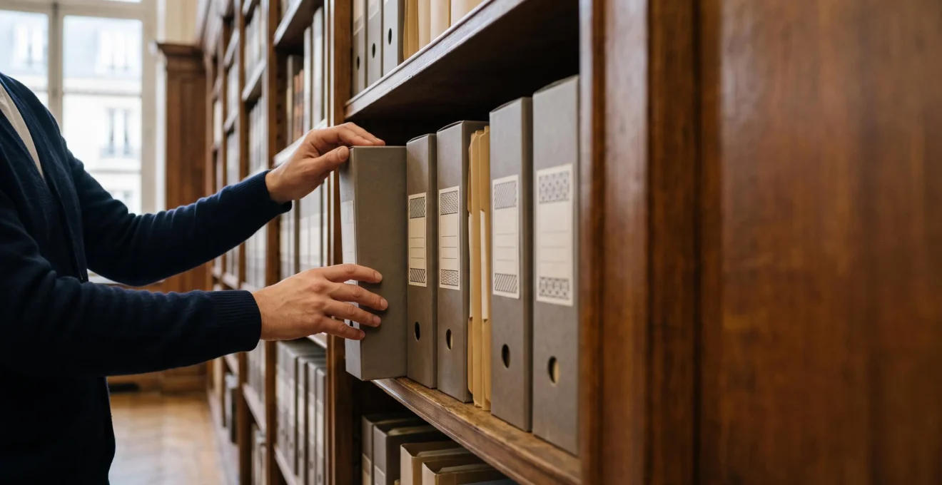 Bibliothécaire dans une archive française rangeant méticuleusement des dossiers étiquetés vierges, symbolisant la structuration précise des informations pour les moteurs de recherche