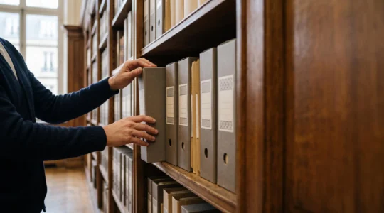 Bibliothécaire dans une archive française rangeant méticuleusement des dossiers étiquetés vierges, symbolisant la structuration précise des informations pour les moteurs de recherche