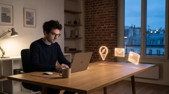 Représentation visuelle de l'intégration rapide du paiement, de la géolocalisation et de l'emailing sur un site web en France