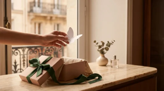Illustration symbolique d'une acheteuse française transformant sa navigation en achat dans une ambiance de boutique parisienne chaleureuse