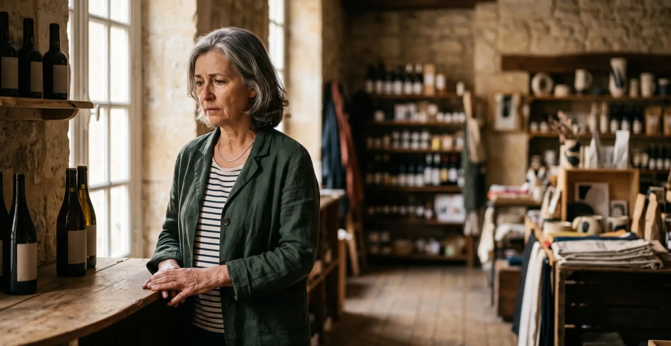 Commerçant français face à une étagère partiellement vide illustrant le coût caché d'une rupture de stock