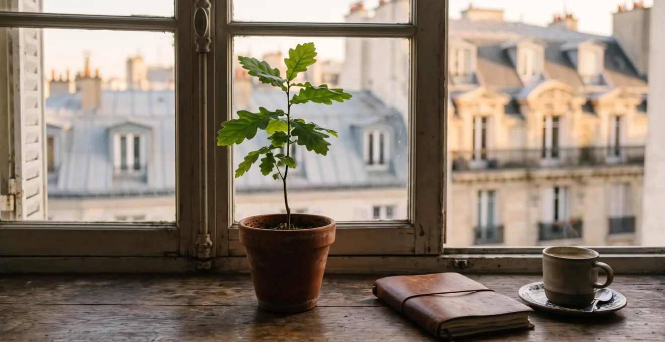 Une petite plante verte posee sur le rebord d'une fenetre parisienne, symbolisant la croissance lente et durable du trafic genere par le contenu, sans depense publicitaire.