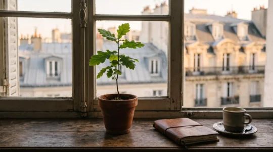 Une petite plante verte posee sur le rebord d'une fenetre parisienne, symbolisant la croissance lente et durable du trafic genere par le contenu, sans depense publicitaire.