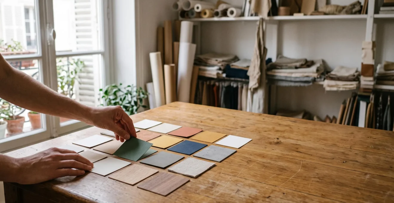 Mains organisant avec soin des nuanciers de couleurs et des échantillons de papier sur une table en bois dans un atelier lumineux, évoquant la construction méthodique d'une identité visuelle