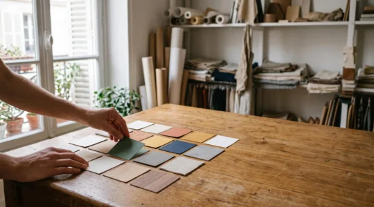 Mains organisant avec soin des nuanciers de couleurs et des échantillons de papier sur une table en bois dans un atelier lumineux, évoquant la construction méthodique d'une identité visuelle