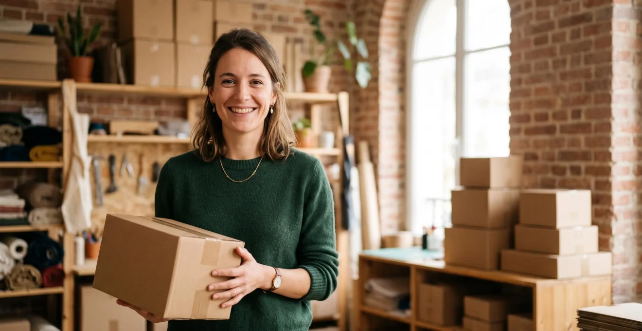 Entrepreneur francais souriant dans son atelier, entoure de colis prets a expedier, symbolisant la reussite d'une boutique en ligne