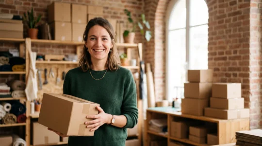 Entrepreneur francais souriant dans son atelier, entoure de colis prets a expedier, symbolisant la reussite d'une boutique en ligne
