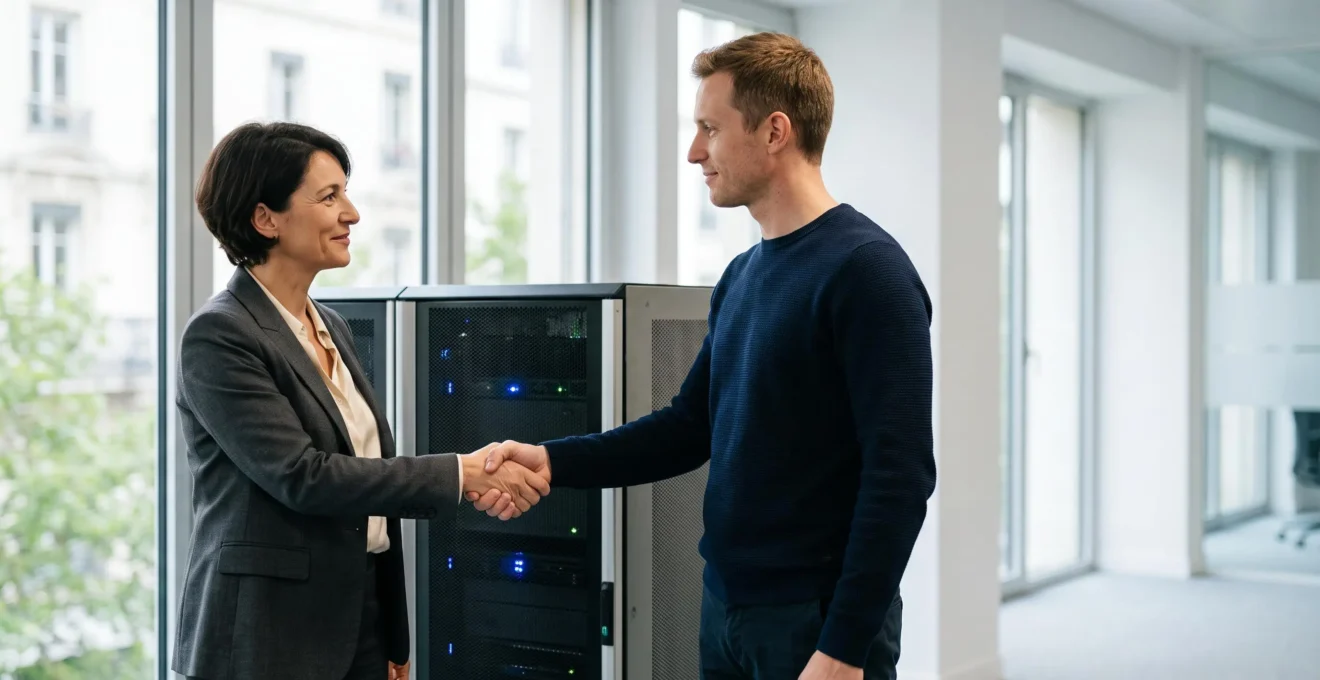 Dirigeant de PME française échangeant avec un prestataire d'infogérance dans un bureau moderne, symbolisant la sérénité et la continuité d'activité