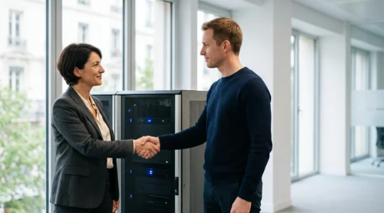 Dirigeant de PME française échangeant avec un prestataire d'infogérance dans un bureau moderne, symbolisant la sérénité et la continuité d'activité