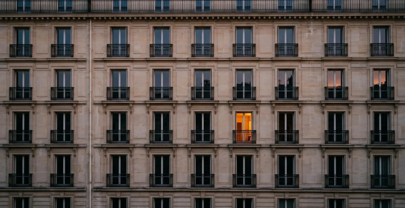Une fenêtre illuminée qui se distingue parmi une rangée uniforme de fenêtres sombres sur une façade haussmannienne parisienne, symbolisant un site qui capte l'attention sans changer de position dans les résultats de recherche.