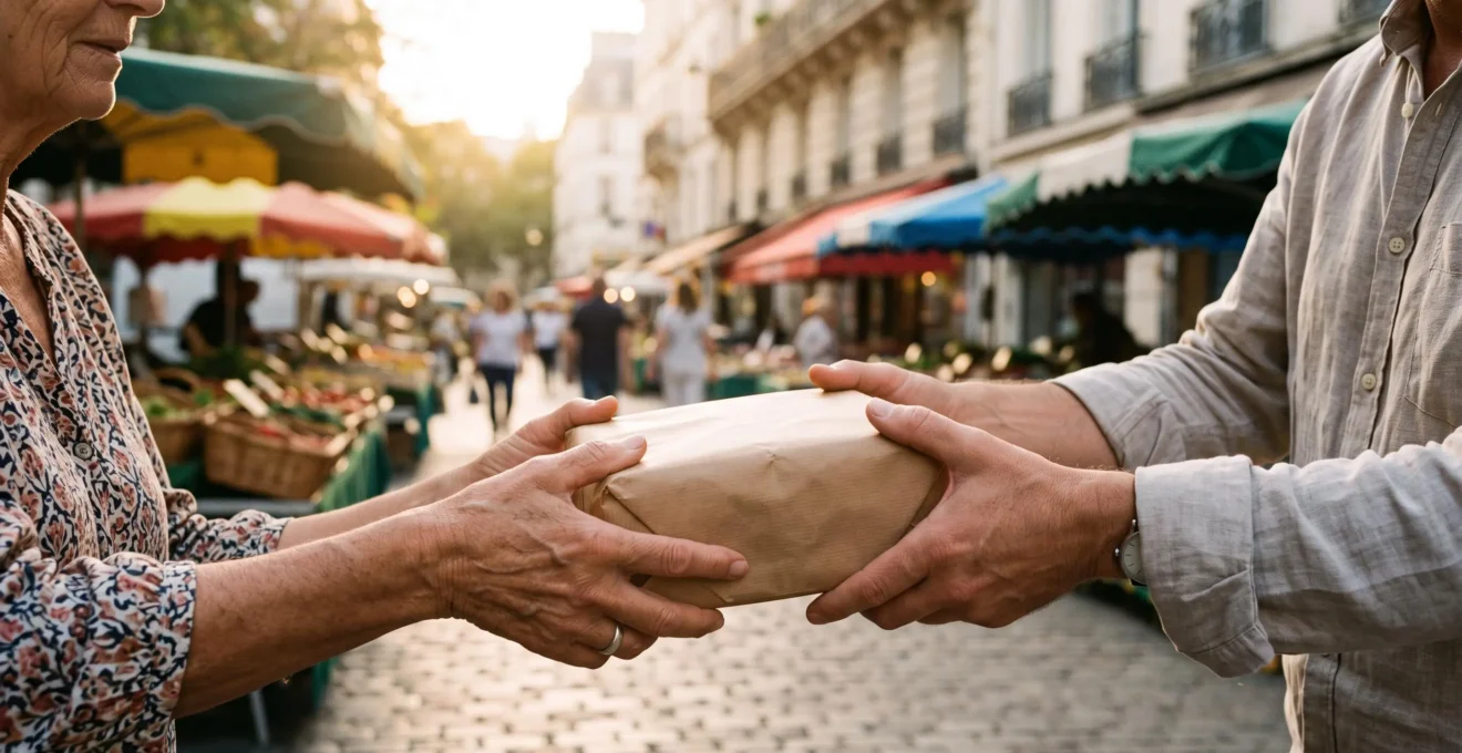 Deux mains françaises échangeant un colis artisanal emballé sur fond de marché urbain symbolisant la confiance entre particuliers sur une marketplace C2C