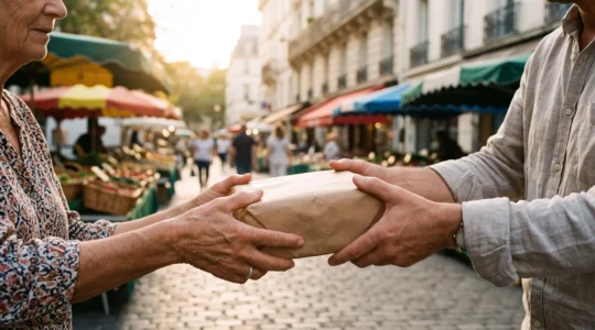 Deux mains françaises échangeant un colis artisanal emballé sur fond de marché urbain symbolisant la confiance entre particuliers sur une marketplace C2C