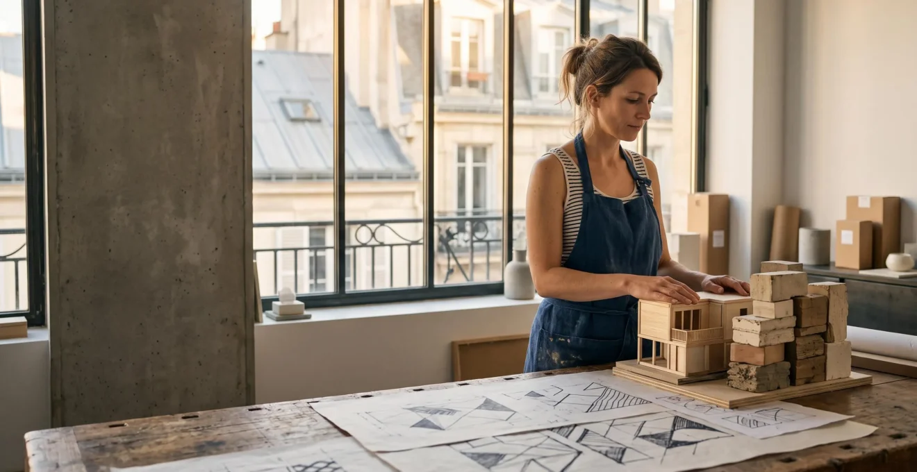 Entrepreneur francais examinant des plans de site web dans un atelier lumineux, symbole d'un lancement de site maitrise sans gaspillage budgetaire