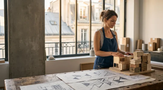 Entrepreneur francais examinant des plans de site web dans un atelier lumineux, symbole d'un lancement de site maitrise sans gaspillage budgetaire