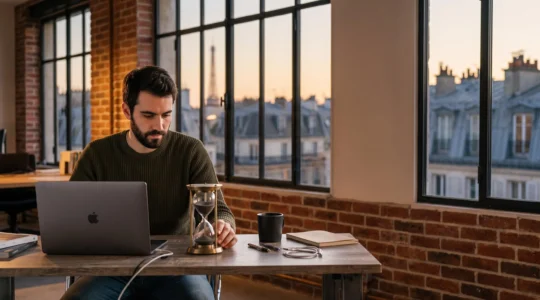 Developpeur travaillant sur un site web professionnel dans un bureau parisien moderne, symbolisant une livraison rapide en trois semaines