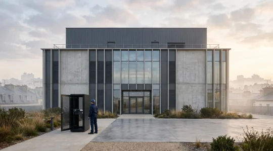 Technicien inspectant calmement une baie de serveurs dans un centre de données français au lever du jour, symbole de disponibilité maîtrisée