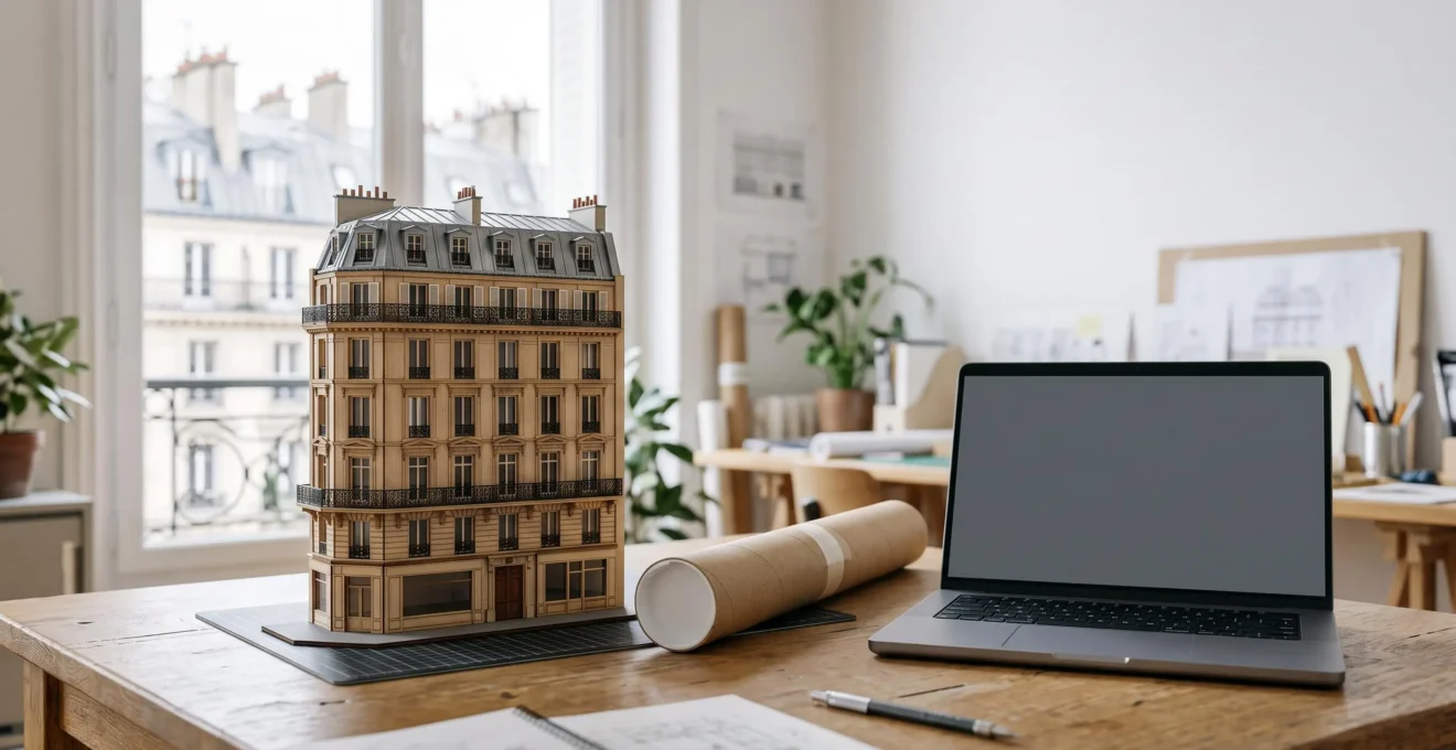 Petite maquette en volume d'un batiment de style haussmannien posee sur un bureau, symbolisant le test d'un concept avant une construction ou refonte complete