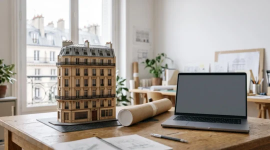Petite maquette en volume d'un batiment de style haussmannien posee sur un bureau, symbolisant le test d'un concept avant une construction ou refonte complete
