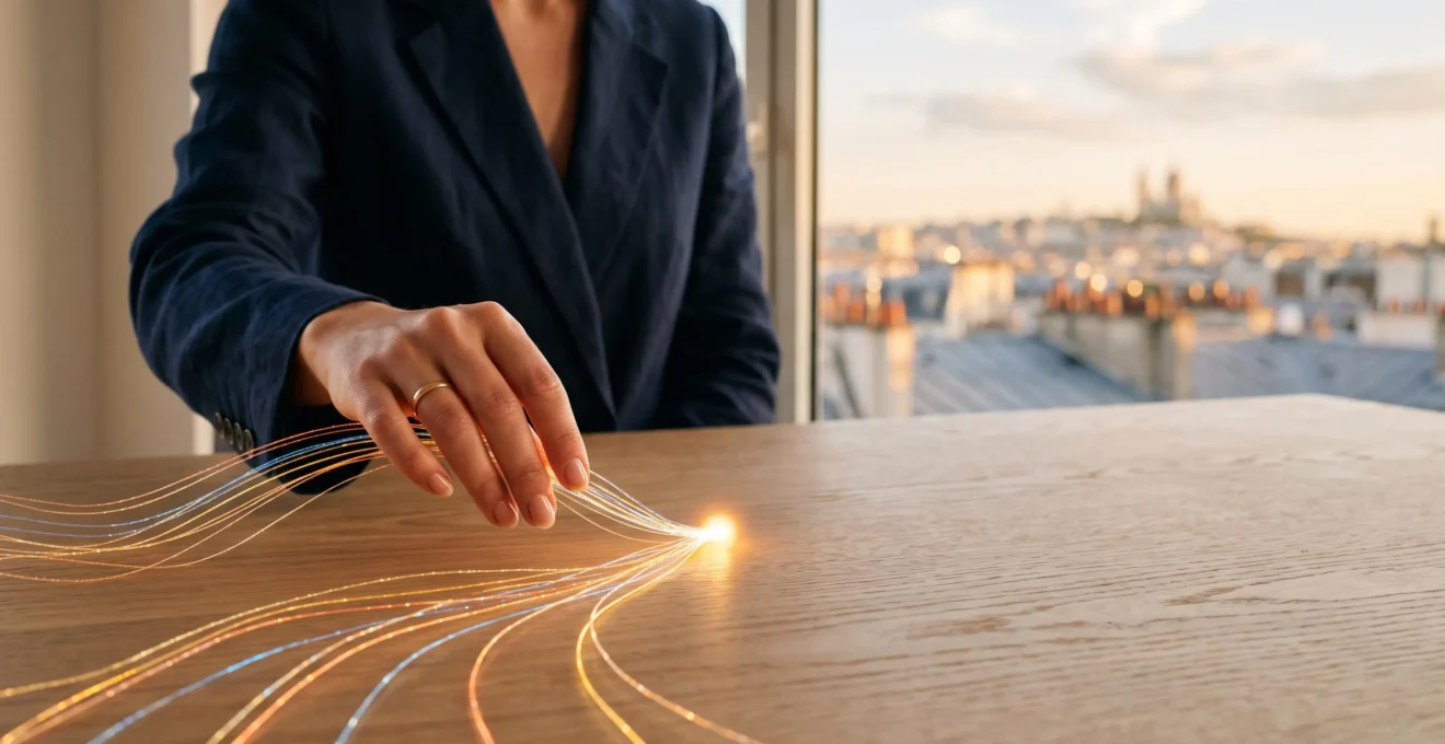 Main tenant plusieurs fils lumineux convergents symbolisant l'orchestration d'une stratégie digitale multicanale
