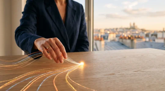 Main tenant plusieurs fils lumineux convergents symbolisant l'orchestration d'une stratégie digitale multicanale