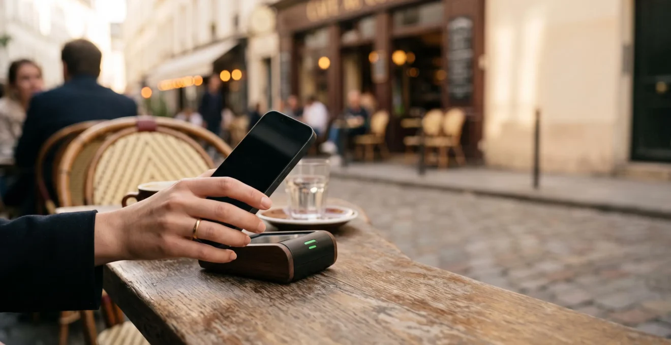 Main tenant un smartphone pour effectuer un paiement sans contact dans une ambiance urbaine française, illustrant l'optimisation du paiement mobile