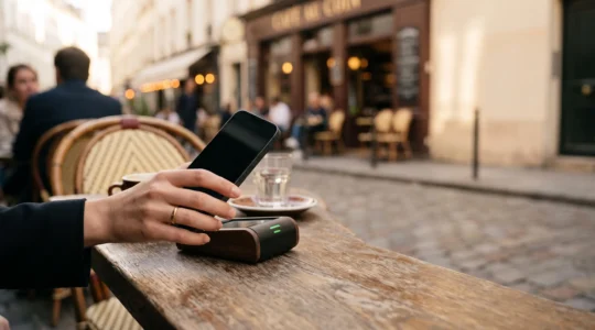 Main tenant un smartphone pour effectuer un paiement sans contact dans une ambiance urbaine française, illustrant l'optimisation du paiement mobile