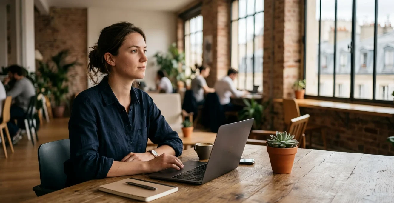 Jeune développeur concentré travaillant sur un ordinateur portable dans un espace de coworking parisien, symbolisant la reconversion professionnelle vers le développement full-stack