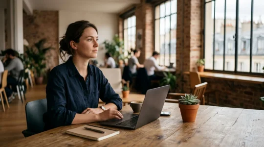 Jeune développeur concentré travaillant sur un ordinateur portable dans un espace de coworking parisien, symbolisant la reconversion professionnelle vers le développement full-stack