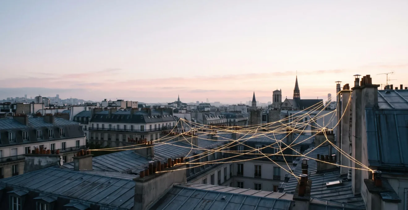 Reseau lumineux de fils entrelaces symbolisant la construction organique de backlinks au-dessus des toits de Paris au lever du jour