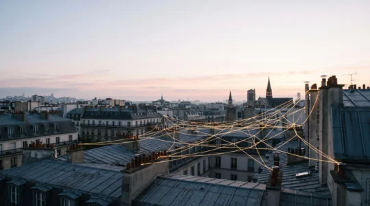 Reseau lumineux de fils entrelaces symbolisant la construction organique de backlinks au-dessus des toits de Paris au lever du jour