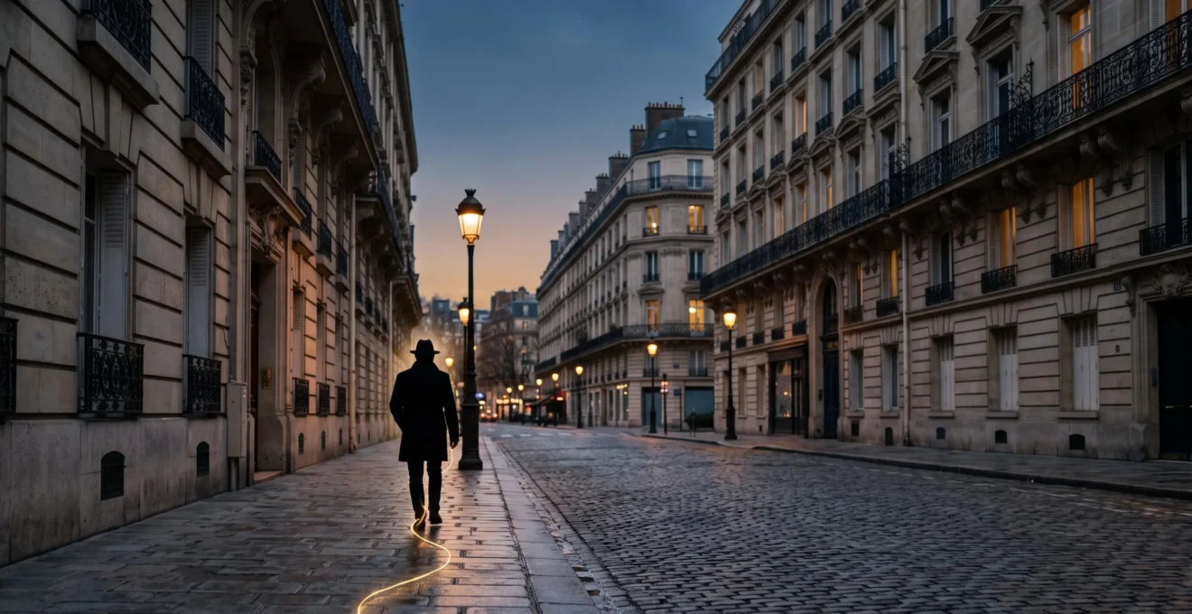 Silhouette d'un visiteur s'eloignant dans une rue parisienne au crepuscule, symbolisant le retargeting qui ramene les visiteurs perdus vers une marque
