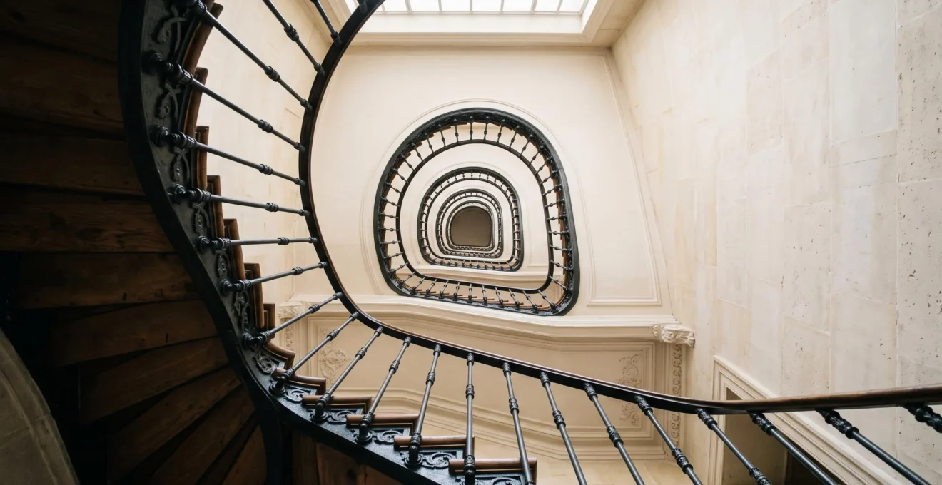Escalier en colimaçon d'un immeuble haussmannien vu en contre-plongée, symbolisant l'ascension structurée des positions Google