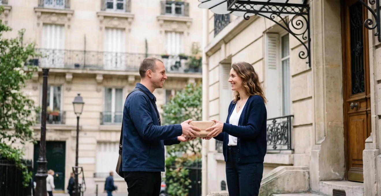 Client francais recevant son colis avec sourire devant la porte de son immeuble, symbole d'un parcours d'achat en ligne reussi et sans friction