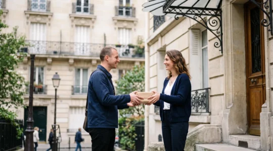Client francais recevant son colis avec sourire devant la porte de son immeuble, symbole d'un parcours d'achat en ligne reussi et sans friction