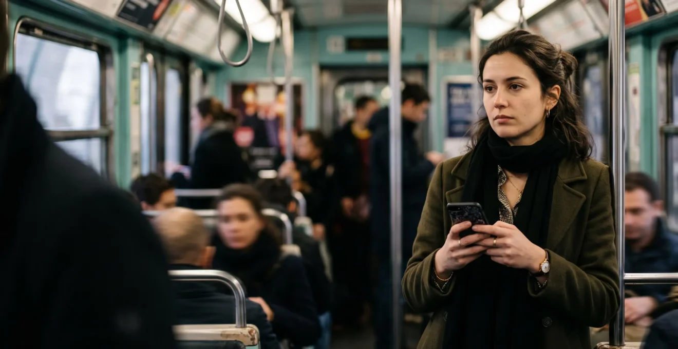 Jeune professionnelle dans le métro parisien regardant son smartphone avec une expression de frustration, illustrant l'abandon d'un site mobile lent