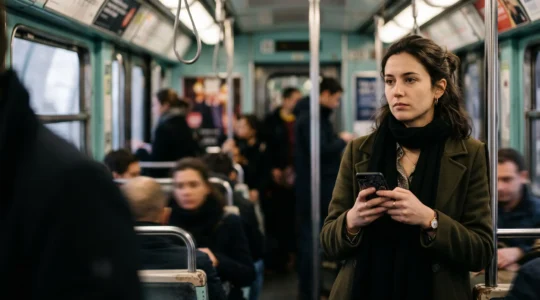 Jeune professionnelle dans le métro parisien regardant son smartphone avec une expression de frustration, illustrant l'abandon d'un site mobile lent